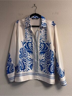 Zara Women's Cream Button-Up Blouse with Blue Floral Print